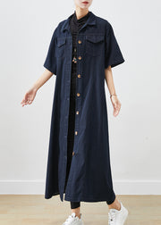 Silm Fit Navy Button Down Cotton A Line Dresses Short Sleeve