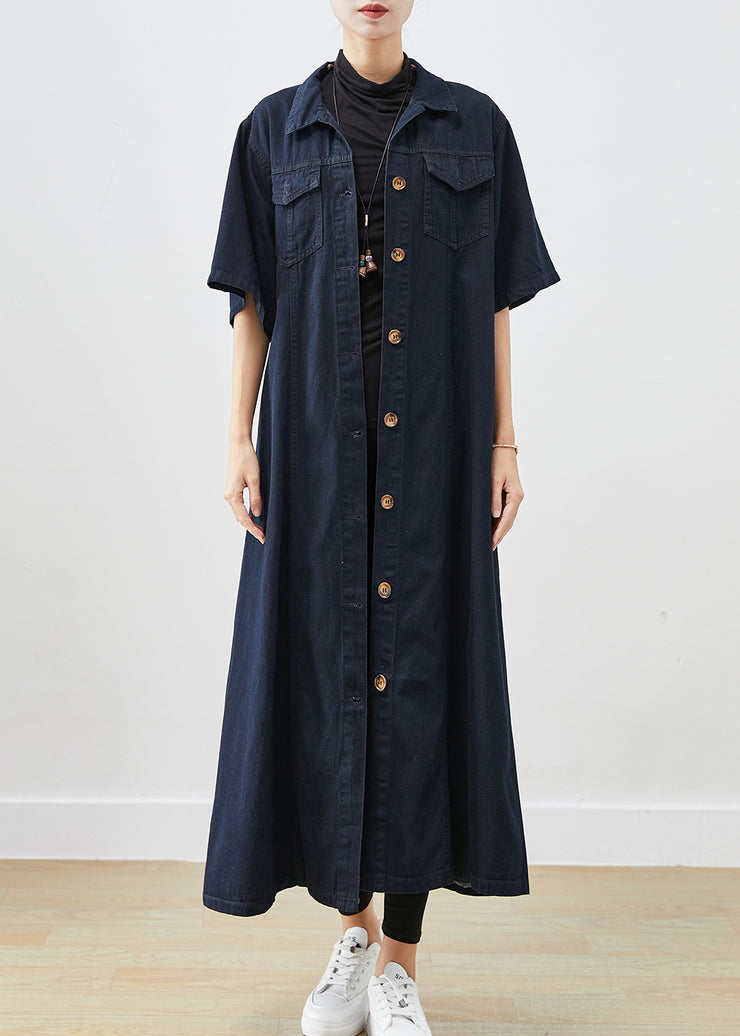 Silm Fit Navy Button Down Cotton A Line Dresses Short Sleeve