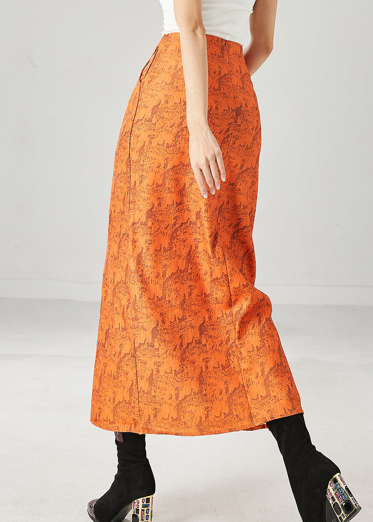 Silm Fit Orange Print Side Open Wraped Skirts Spring