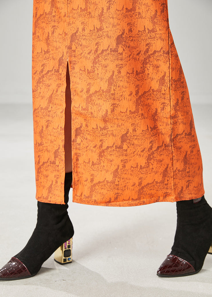 Silm Fit Orange Print Side Open Wraped Skirts Spring