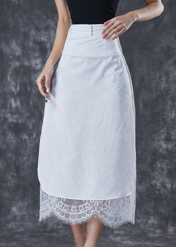 Silm Fit White Tasseled Lace Patchwork Cotton Wraped Skirt Fall