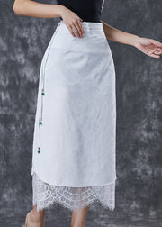 Silm Fit White Tasseled Lace Patchwork Cotton Wraped Skirt Fall