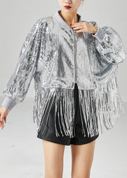 Silver Sequins Patchwork Coats Oversized Tasseled Summer