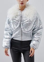 Silvery Thick Fine Cotton Filled Short Jackets Elastic Waist Winter