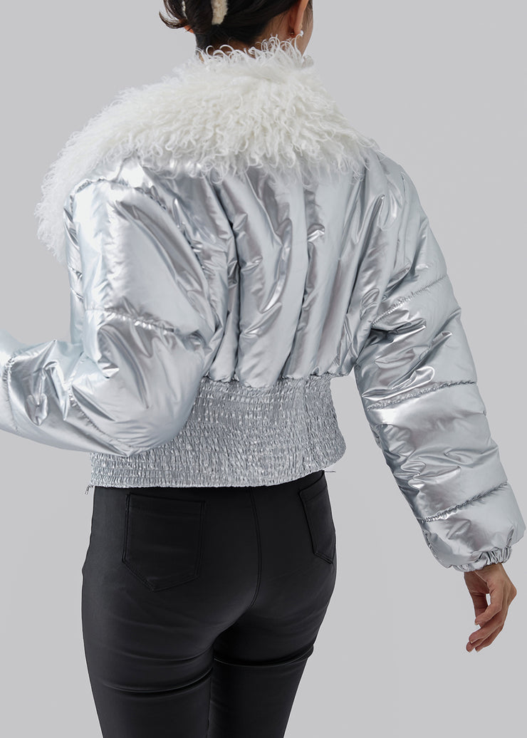 Silvery Thick Fine Cotton Filled Short Jackets Elastic Waist Winter