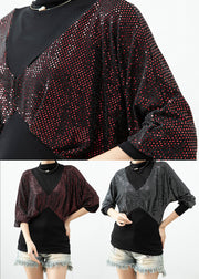 Silvery Zircon Patchwork Cotton Fake Two Piece Shirts High Neck Fall