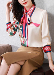 Simple Apricot Bow Print Patchwork Silk Blouse Top Spring