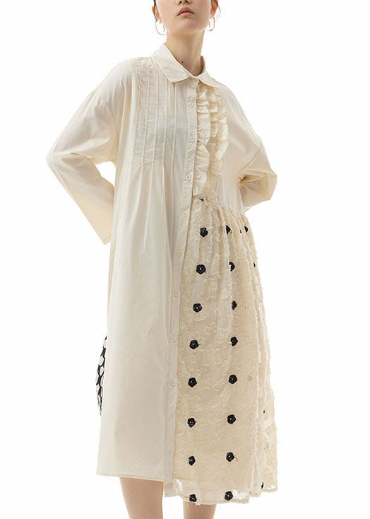 Simple Apricot Embroidered Patchwork Cotton Shirts Dresses Spring