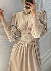 Simple Apricot Hign Neck Wrinkled Velour Maxi Dress Spring
