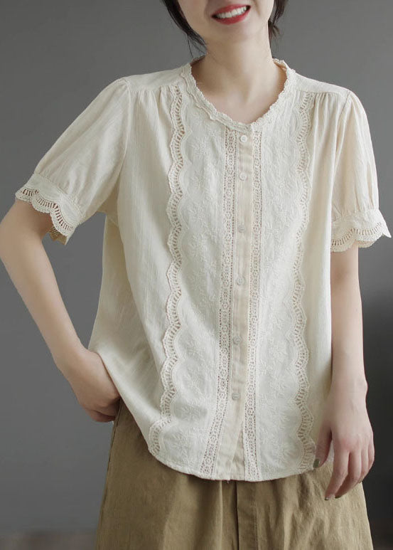Simple Apricot O-Neck Lace Patchwork Cotton Shirt Top Summer