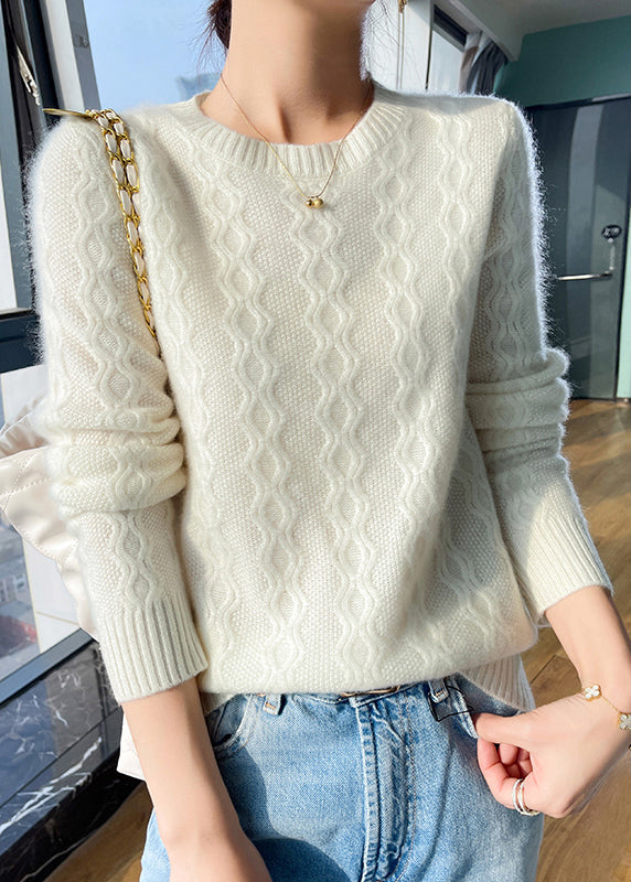 Simple Apricot O Neck Thick Warm Cashmere Knit Sweaters Winter