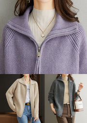 Simple Apricot Peter Pan Collar Zippered Patchwork Wool Coat Fall