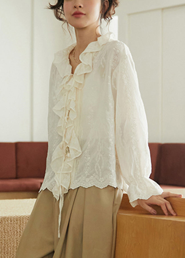 Simple Apricot Ruffled Lace Patchwork Embroidered Tie Waist Shirts Long Sleeve