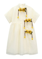 Simple Apricot Stand Collar Daisy Embroidered Floral Wrinkled Organza Patchwork Cotton Dresses Short Sleeve