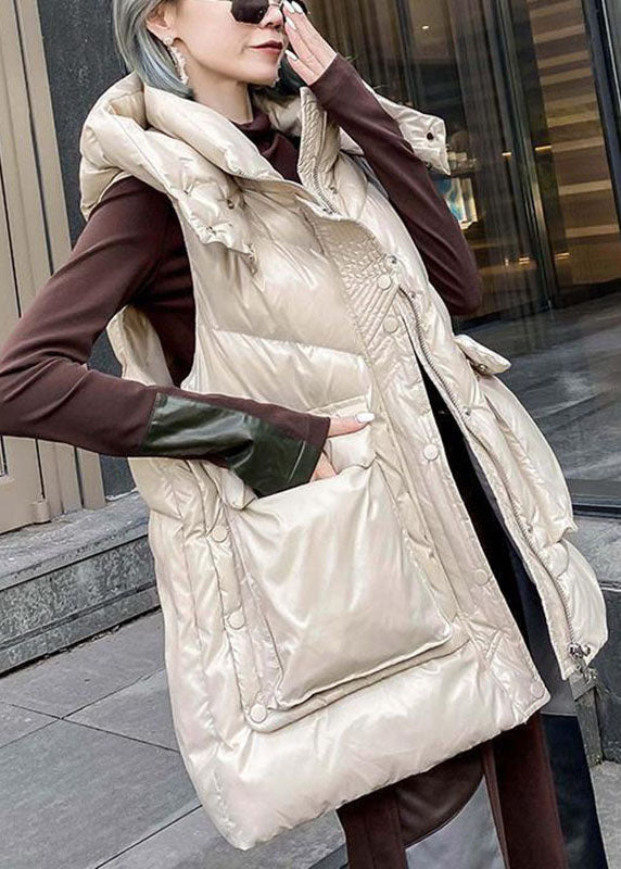 Simple Apricot hooded Pockets Casual Winter Sleeveless down vest