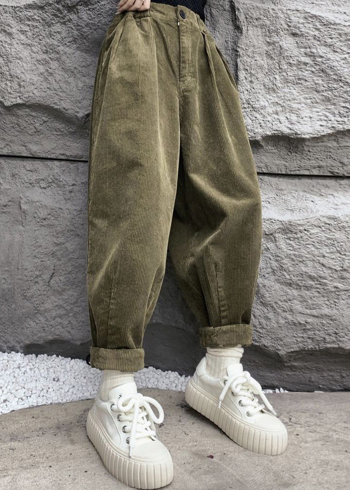 Simple Army Green Pockets High Waist Corduroy Crop Pants