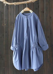 Simple Baby Blue O-Neck Wrinkled Button Solid Shirts Long Sleeve