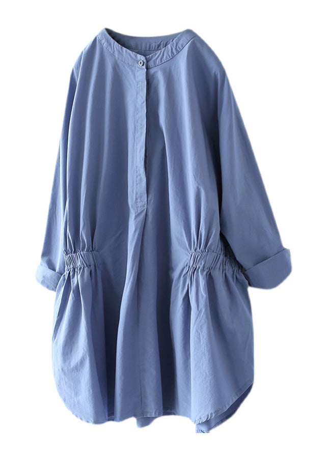 Simple Baby Blue O-Neck Wrinkled Button Solid Shirts Long Sleeve