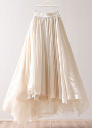 Simple Beige Asymmetrical Wrinkled Elastic Waist Chiffon Skirt Summer