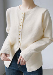 Simple Beige O Neck Button Patchwork Cotton Knit Tops Fall