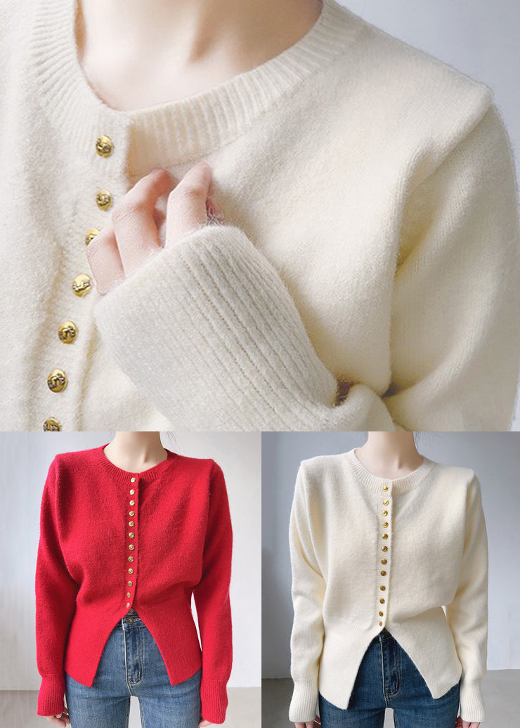 Simple Beige O Neck Button Patchwork Cotton Knit Tops Fall