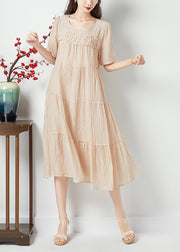 Simple Beige O-Neck Patchwork Wrinkled Linen Silk Long Dress Summer