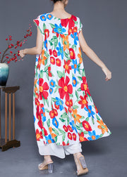 Simple Beige Oversized Floral Print Cotton Dress Summer