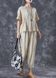 Simple Beige Oversized Wrinkled Cotton Two Pieces Set Summer