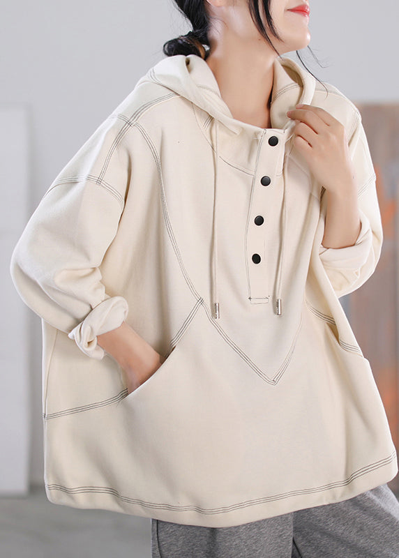 Simple Beige Patchwork Drawstring Button Pockets Hooded Sweatshirts Long Sleeve