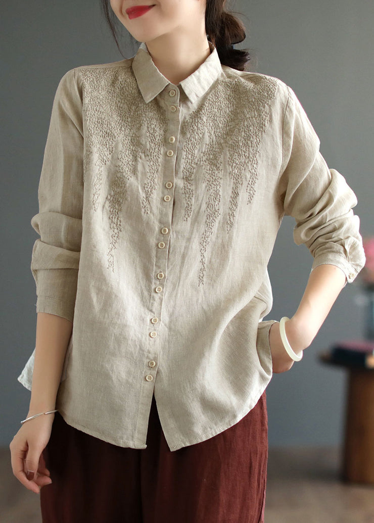 Simple Beige Peter Pan Collar Embroidered Linen Shirts Spring