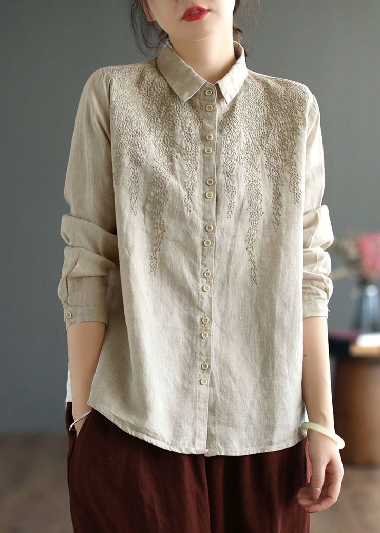 Simple Beige Peter Pan Collar Embroidered Linen Shirts Spring