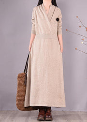 Simple Beige Quilting Clothes V Neck Asymmetric Spring Dress - SooLinen