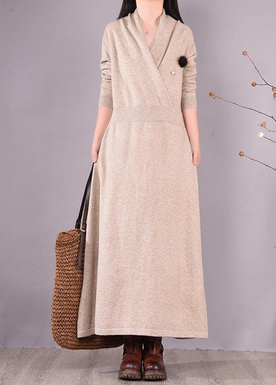 Simple Beige Quilting Clothes V Neck Asymmetric Spring Dress - SooLinen