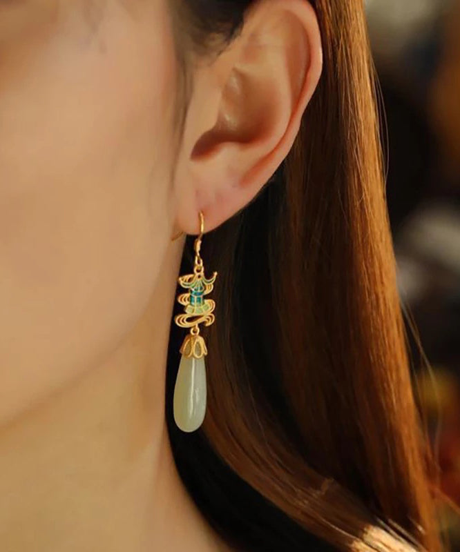 Simple Beige Tassel Jade Water Drop Earrings