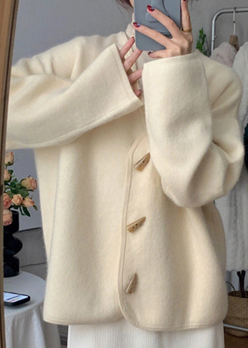 Simple Beige V Neck Button  Knitting Cotton Coats Fall