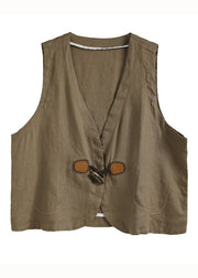 Simple Beige V Neck Button Patchwork Linen Vest Tops Sleeveless
