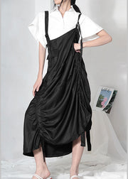 Simple Black Asymmetrical Design Wrinkled Summer Dresses Sleeveless