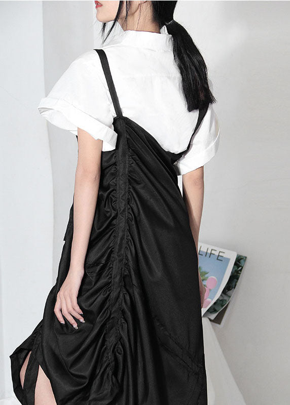 Simple Black Asymmetrical Design Wrinkled Summer Dresses Sleeveless