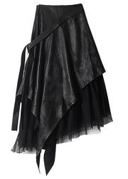 Simple Black Asymmetrical Patchwork tulle Faux Leather Skirts Spring