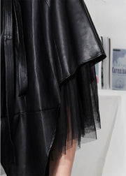 Einfache schwarze asymmetrische Patchwork-Tüll-Kunstlederröcke Frühling