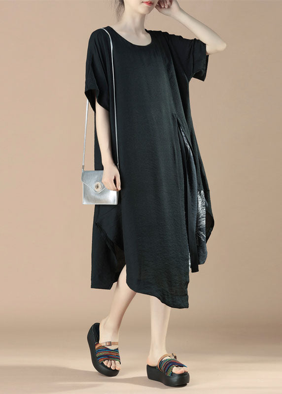 Simple Black Asymmetrical Print Patchwork Cotton Dress Summer