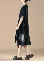 Simple Black Asymmetrical Print Patchwork Cotton Dress Summer
