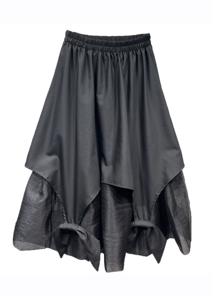 Simple Black Asymmetrical Tulle Patchwork Maxi Skirt Fall