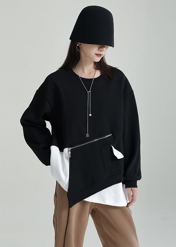 Simple Black Asymmetrical Zippered Patchwork Warm Fleece Top Winter