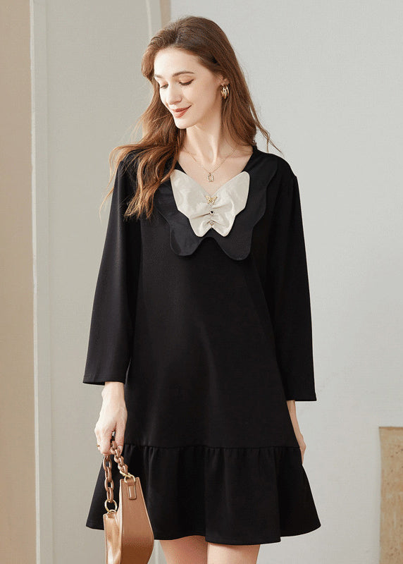 Simple Black Bow Original Design Cotton A Line Dress Spring