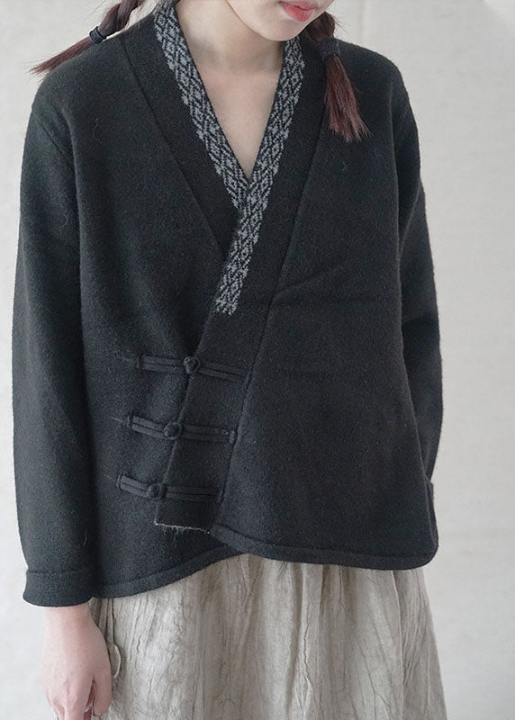 Simple Black Button Embroidered asymmetrical design Fall Knit Sweater