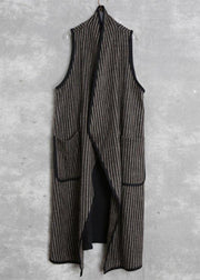 Simple Black Chocolate Striped Pockets Peter Pan Collar Fall Waistcoat Long - SooLinen