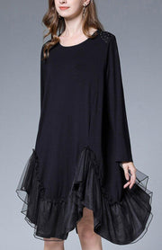 Simple Black Cotton Patchwork Spring Ankle Dress - SooLinen