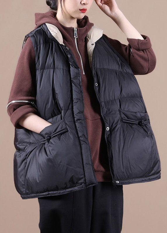 Simple Black Cute Loose Button Thick Winter Sleeveless Puffer Vest