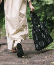 Simple Black Dot Embroidered Jacquard Linen Satchel Handbag